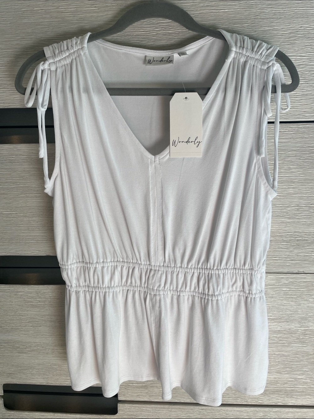 Wonderly White V-Neck Tie-Shoulder Peplum Sleeveless Top